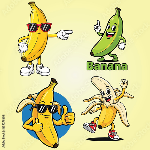 Stylish Group of Four Cool Banana Cartoon Characters Posing with Sunglasses and Confident Gestures