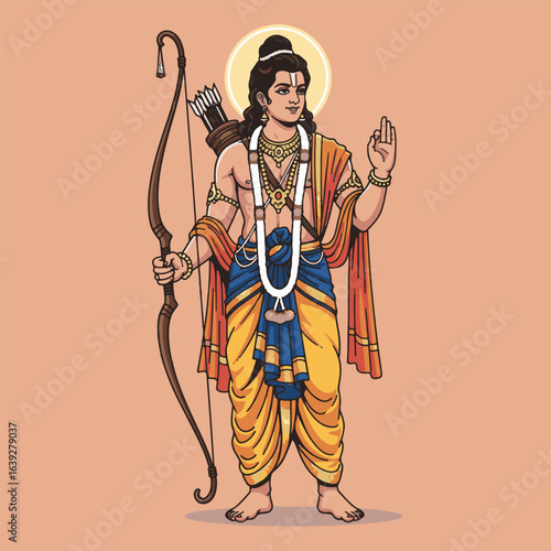 A vibrant illustration of Lord Rama, holding a bow and arrow, radiating divinity and grace.