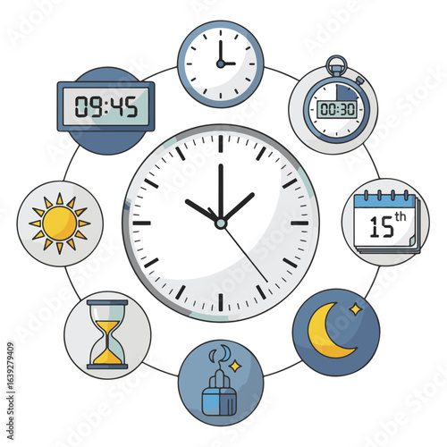 Circular graphic representation of time management, featuring various timekeeping tools and symbols.