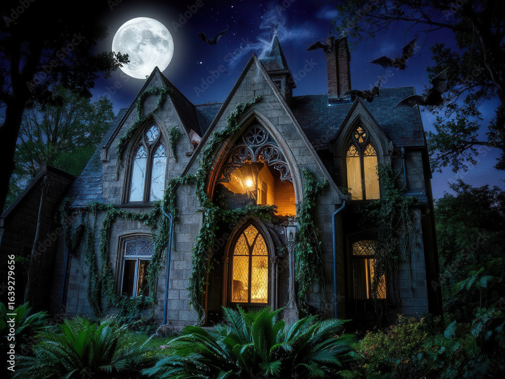 Fototapeta premium Spooky gothic house with illuminated windows under full moon at night 