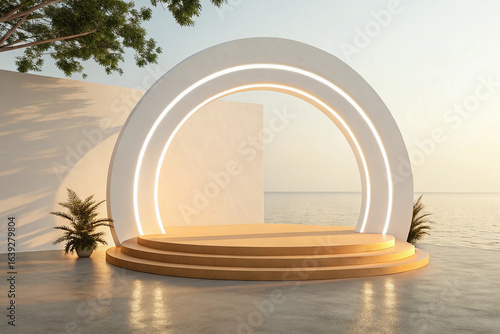 White circular arch with L E D lights over tan stage by ocean platform round