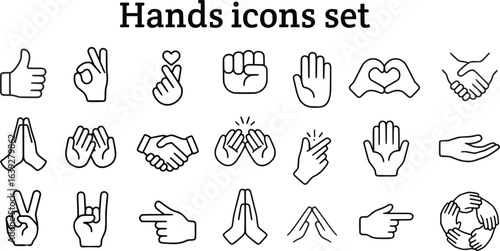 Outlined hands icons set depicting gestures like thumbs up, ok sign, handshake, heart shape, prayer, clapping, pointing, and love sign, Concept of communication, emotions, and expressions
