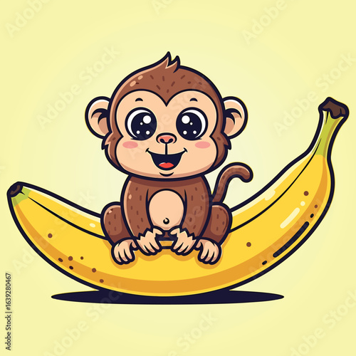Adorable little cartoon monkey character with big eyes happily sitting on a large yellow banana