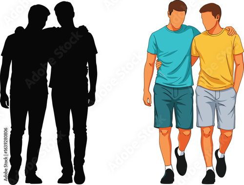 Silhouette and colored illustration of two male friends walking arm in arm, showing friendship, support, bonding, companionship, isolated on white background, vector design concept