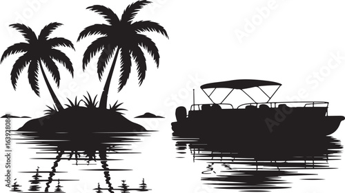 Relaxing Pontoon Boat Trip on Tropical Island Silhouette Vector Black on White Isolated