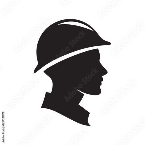 Silhouette of a construction worker wearing a hard hat in black and white profile view illustration