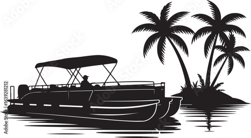 Relaxing Pontoon Boat Trip on Tropical Island Silhouette Vector Black on White Isolated