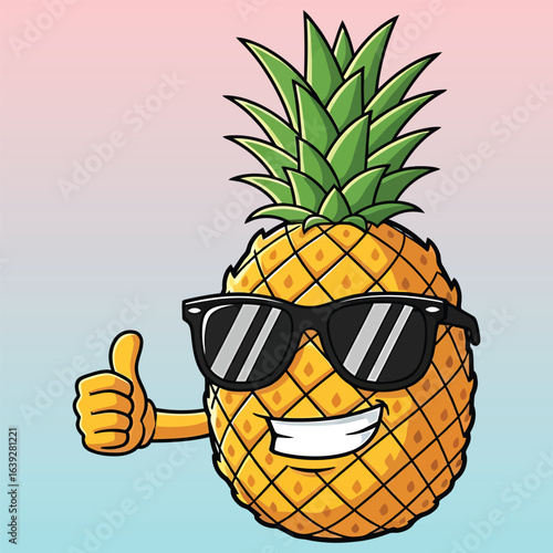 Confident cartoon pineapple character in cool black sunglasses giving a positive thumbs up with a wide, happy smile.