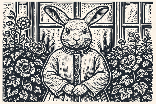 A rabbit character in a vintage dress stands in a garden by a window. Vector illustration in a hand-drawn, classic woodcut or engraving style.