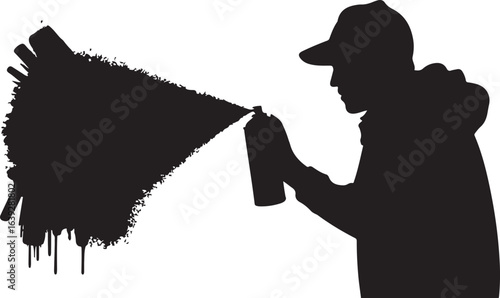 Silhouette Art of Person Spraying Paint Can Graffiti Creation Black on White Isolated