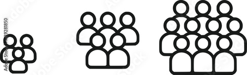 Minimal group icons set showing small, medium, and large collections of people silhouettes, Concept of community, teamwork, and population
