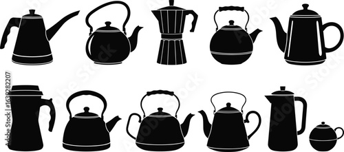 Silhouette collection of coffee and tea pots, kettles, and moka pots, isolated on white background, perfect for café, kitchen, beverage, and cooking design projects