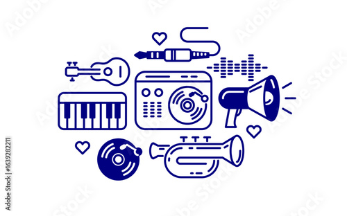 Sound producing and audio engineering vector detailed icon, music mixing and playing instruments.