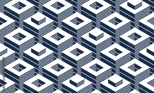3D cubes seamless background, abstract tiling endless pattern with blocks, cubic optic construction wallpaper, surreal op art surface modular abstraction.