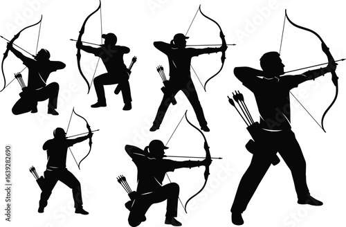 Silhouette collection of archers aiming bows and arrows in various stances, isolated on white background, perfect for sports, hunting, archery, and target shooting designs