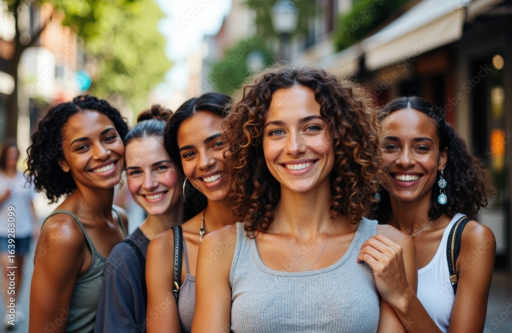 Fototapeta premium Smiling women walking together outdoors on a sunny day in an urban setting