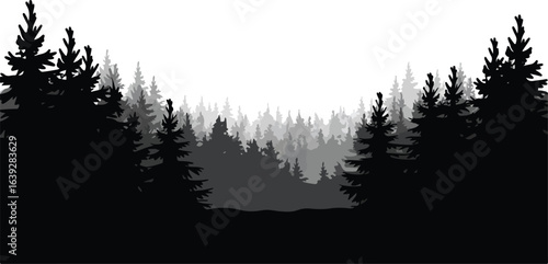 Silhouette Illustration of Coniferous Forest Landscape Black on White Isolated