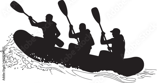 Silhouette of Rafting Team Navigating Whitewater Rapids Together