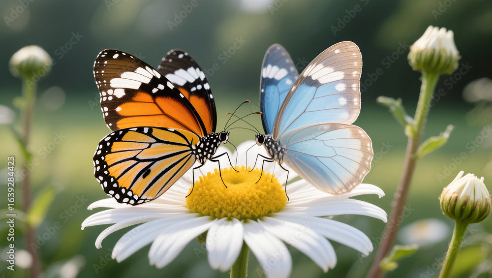Fototapeta premium Colorful butterflies fluttering over a daisy in a sunlit meadow