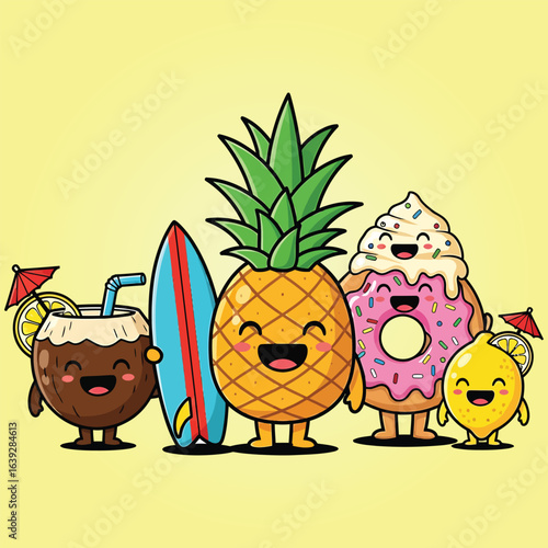 Happy Group of Tropical Fruit and Food Characters Ready for a Summery Beach Vacation
