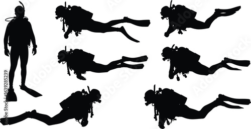 Silhouette collection of scuba divers in different underwater positions, swimming and exploring, isolated on white background, perfect for diving, marine, adventure, and ocean exploration designs