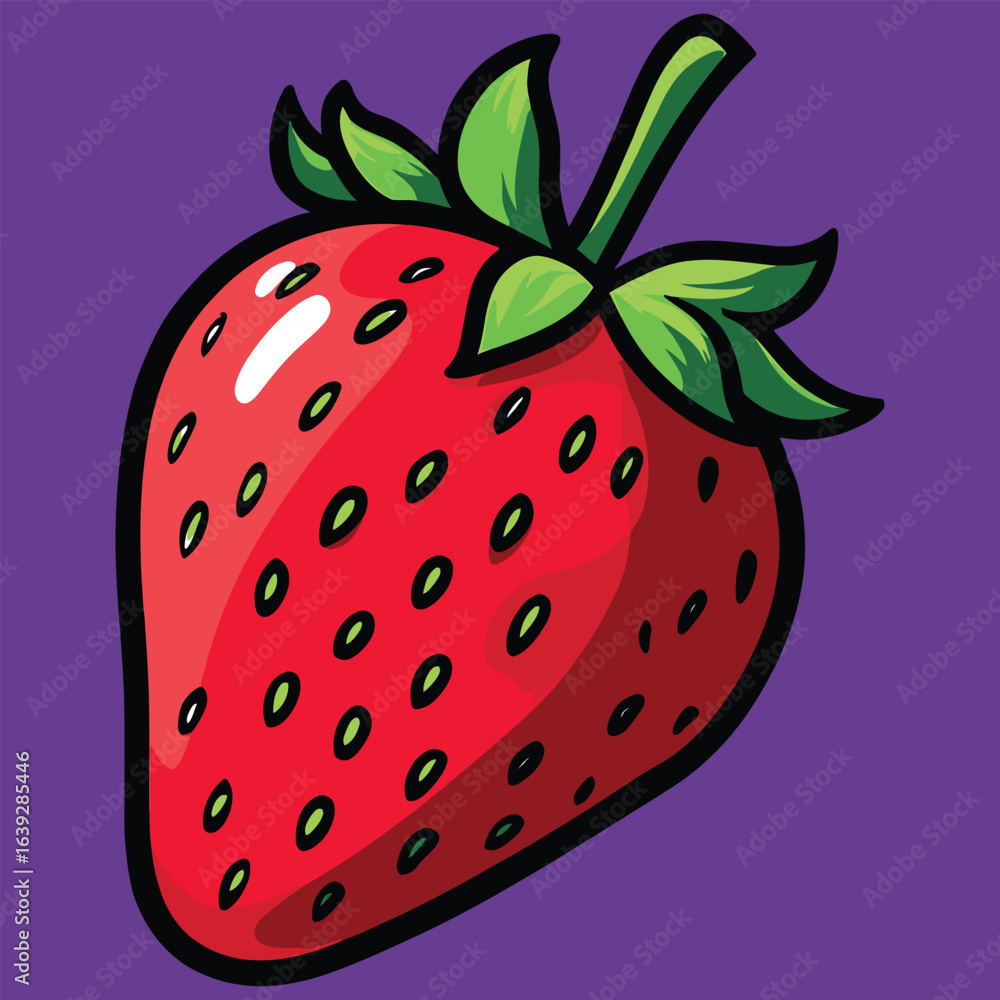 Obraz premium Vibrant Red Strawberry with Green Stem on a Bold Purple Background