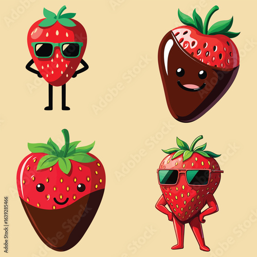 Collection of Four Expressive Cartoon Strawberries, Including Cool Sunglassed and Chocolate-Dipped Characters