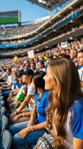 Young Woman Fan Smiling and Watching a Game in a Stadium Crowd