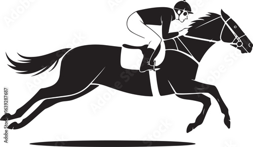 Black and White Illustration of Jockey Riding Horse at Full Gallop in Horse Race