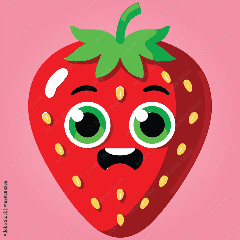 Obraz premium Surprised Red Strawberry Cartoon Character with Wide Green Eyes and Open Mouth on Pink Background