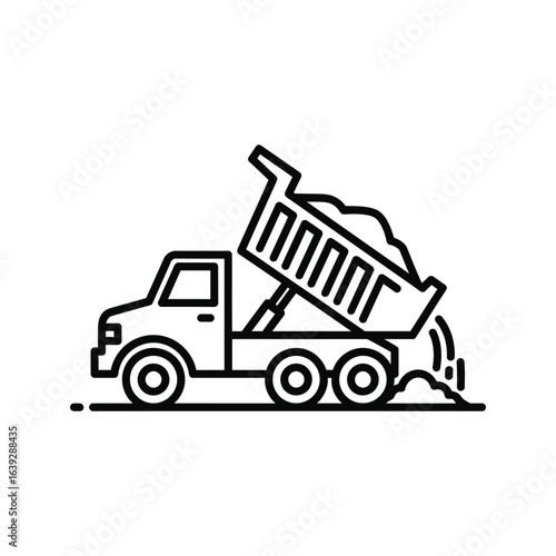 Dump truck unloading gravel in construction site outline icon for industrial projects or infrastructure designs, clean vector illustration
