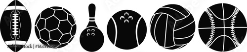 Sports ball silhouette set, football, soccer ball, bowling pin, bowling ball, volleyball, baseball icons, vector design, athletic equipment, game symbols, sports illustration collection