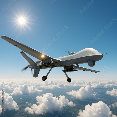 Ultra-Realistic MQ-9 Reaper Drone Flying Above Clouds in Bright Blue Sky with Sunlight Reflection