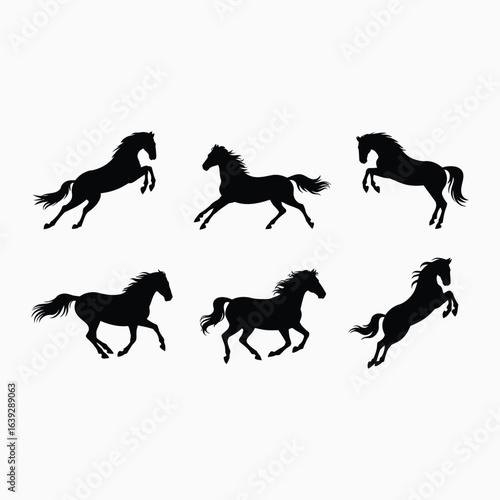 Six black horse silhouettes in various poses running