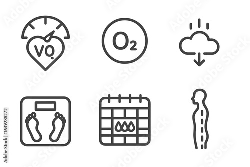 Health and wellness symbols representing oxygen levels, weight measurement, and body posture