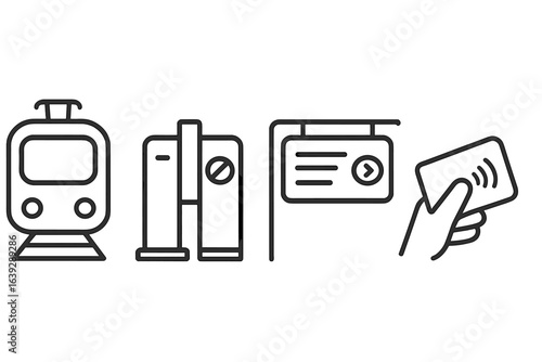 Train station symbols show transit options and ticket purchasing process in a busy urban area during daylight hours