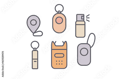 Various personal safety devices displayed together, showcasing different designs and functions for protection and assistance