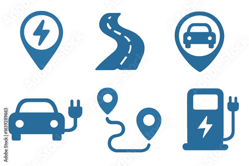 Collection of electric vehicle icons depicting charging stations and road navigation signs