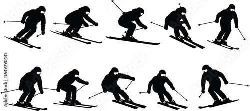 Vector silhouette set of skiers in motion, winter sports activity, downhill skiing poses, black icons for extreme sport, snow adventure, athlete design elements