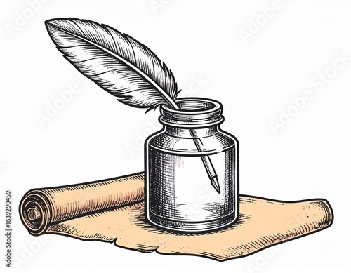 Inkwell and Feather Pen on Old Paper Background Vintage Writing Concept. Antique writing tool on aged paper create a classic letter perfect for journal or calligraphy project.