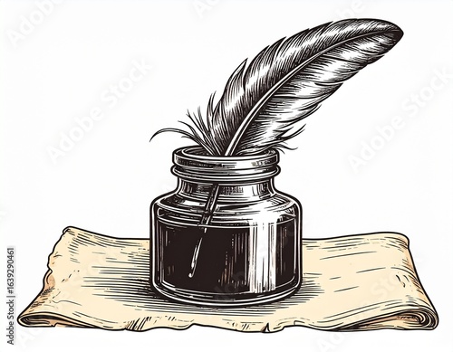 Inkwell and Feather Pen on Old Paper Background Vintage Writing Concept. Antique writing tool on aged paper create classic letter for author.