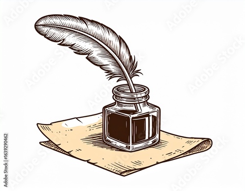 Inkwell and Feather Pen on Old Paper Background Vintage Writing Concept. Classic writing tool on aged document backdrop for author idea.