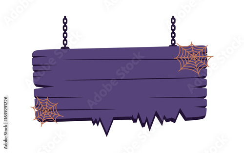 Create spooky invitations with this hanging wooden Halloween sign featuring spiderwebs, perfect for a scary fun celebration or party poster