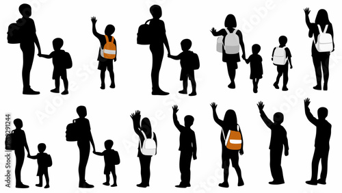 Silhouettes of children and adults with backpacks waving goodbye on a white background in a vector style
