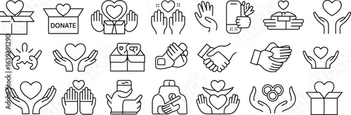 Charity icons, heart in hands, donation line icons, volunteer symbols, nonprofit care, kindness vector set, support illustrations, love