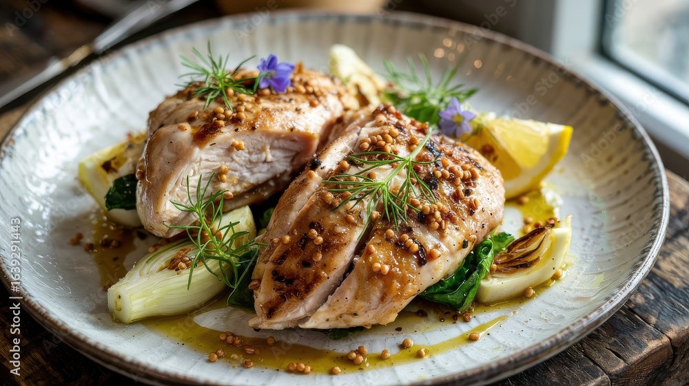 Fennel pollen chicken breast with golden crispy skin and grill marks on ceramic plate, garnished with fresh fennel fronds, purple edible flowers, and caramelized fennel bulb slices Fennel pollen chicken breast with golden crispy skin and grill marks on ceramic plate, garnished with fresh fennel fronds, purple edible flowers, and caramelized fennel bulb slices