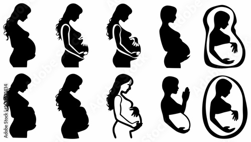 Silhouettes depicting various stages and artistic representations of pregnancy and motherhood theme