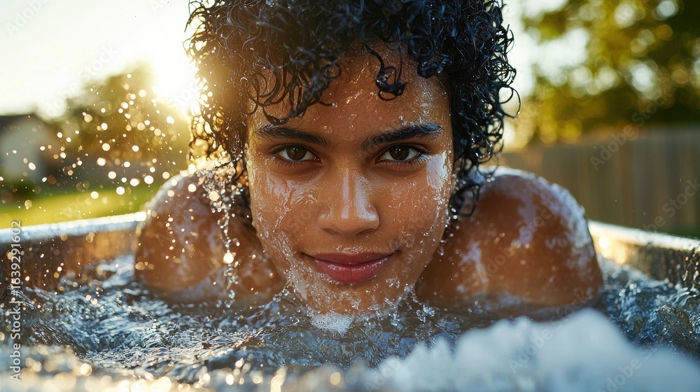 Obraz premium Recovery vessel outdoor cold therapy with young woman, water droplets glistening on face, rejuvenating hydrotherapy in golden light