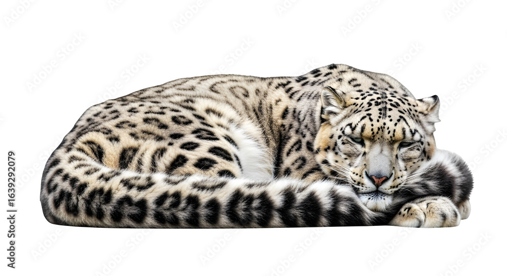 Fototapeta premium Snow leopard resting with curled tail and soft shadows, isolated on white background