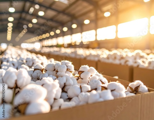 Cotton bales in a sunlit warehouse with boxes of raw material